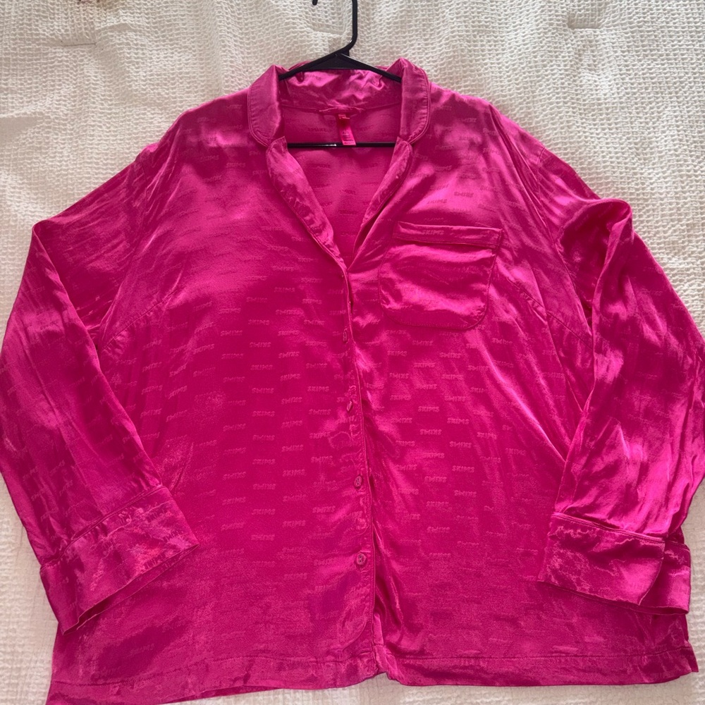 SKIMS Satin Button-Front Pajama Top in Hot Pink